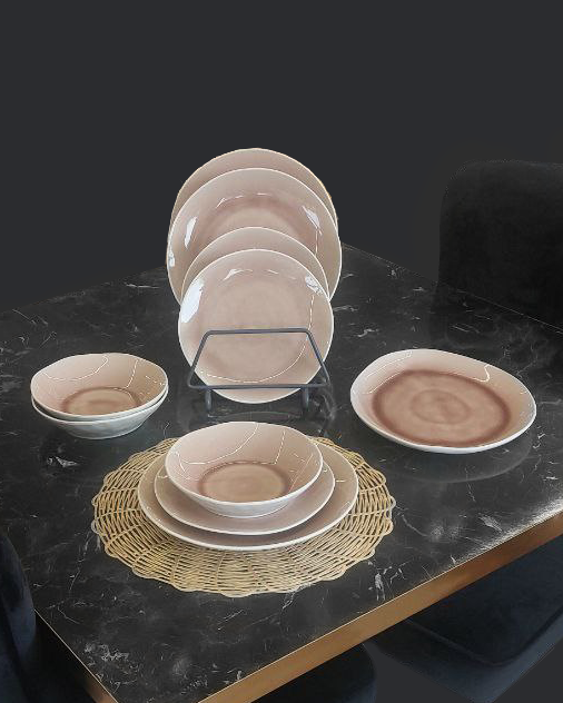 Service for 6 people, blue or salmon porcelain plates