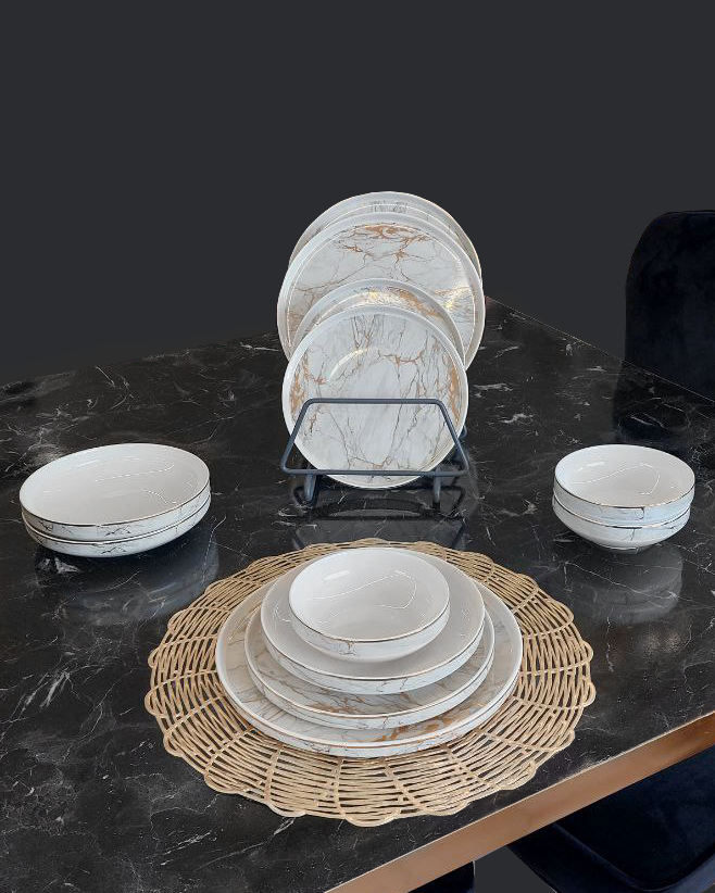 Service for 6 people white porcelain plates with gold marble effect