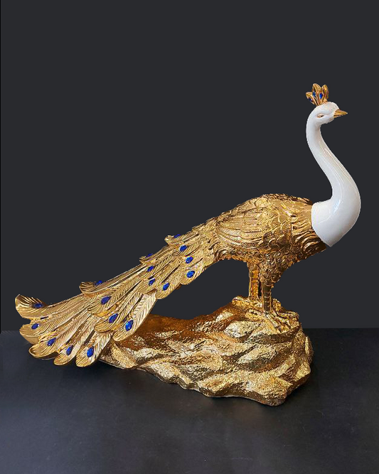 Statua pavone bianco e oro, oro o argento