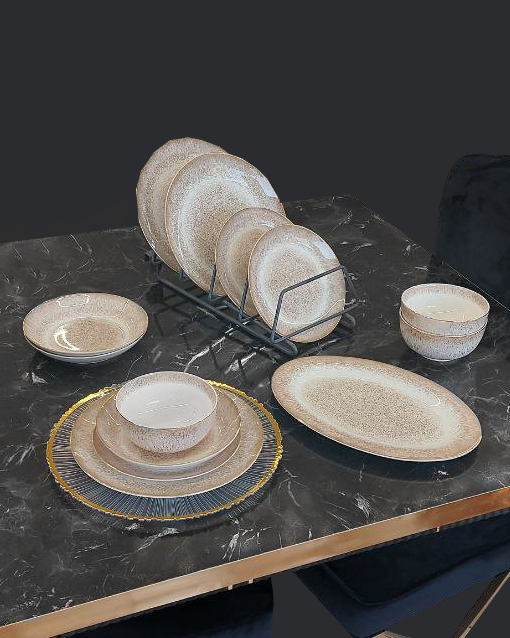 Servizio per 6 persone piatti in porcellana con motivo puntiforme beige