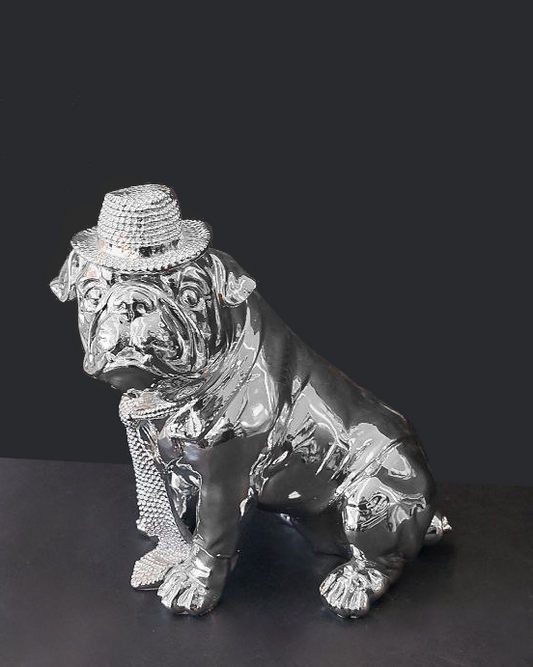 Statua cane con cappello e cravatta color argento